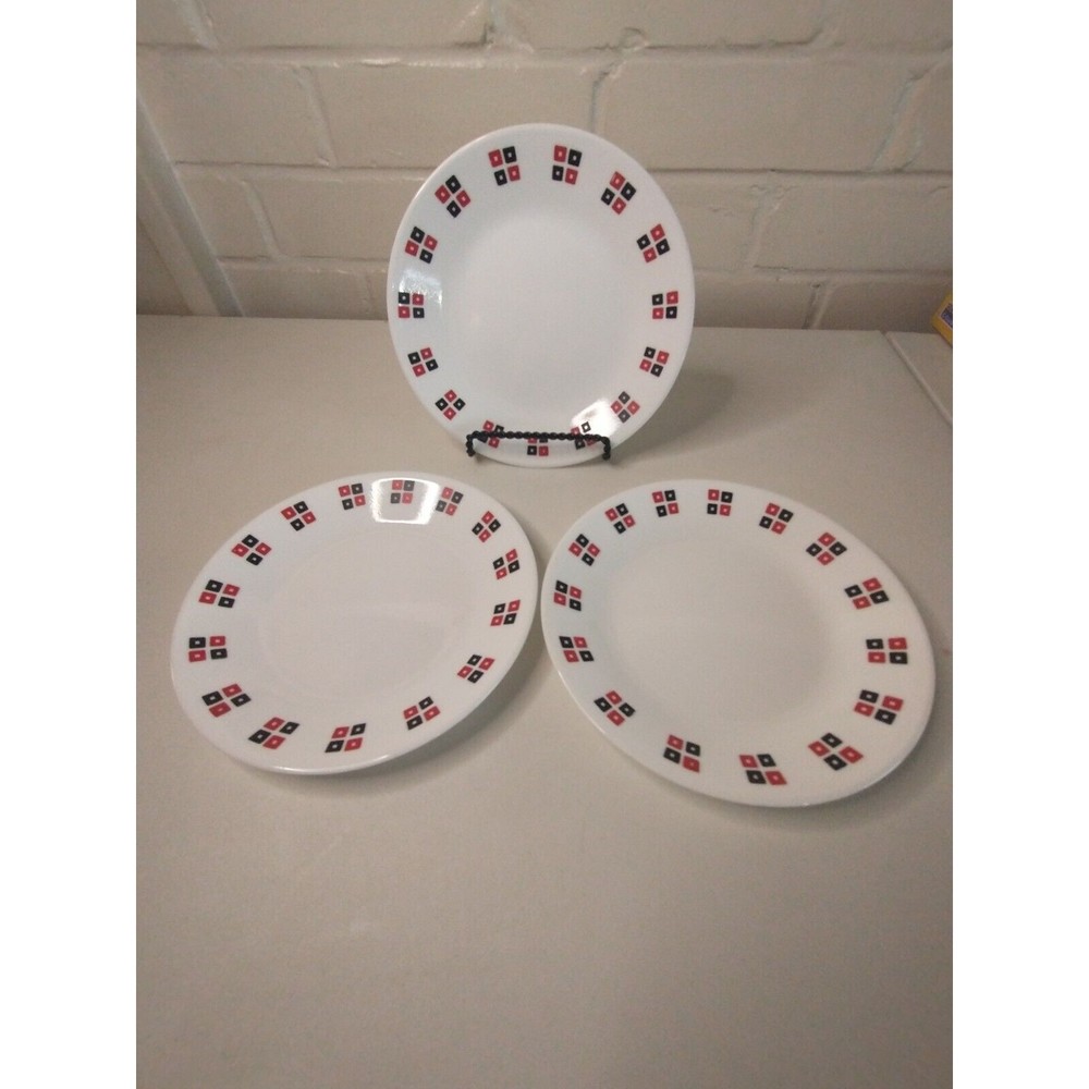 Corelle Uptown Bread Dessert Salad Plates Red Black Square Border 6.75” Set of 3